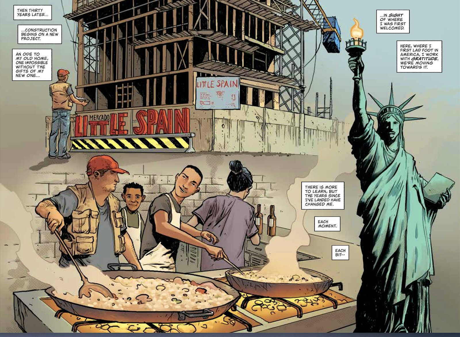 Illustrated excerpt from Feeding Dangerously depecting José Andrés' stirring paella with text: Then thirty years later construction begins on a new project. An ode to my old home, one impossible without the gift of my new one, in sight of where I was first welcomed. Here, where I first laid food in America, I work with gratitude. There is more to learn, but the years since I've landed have changed me. Each moment. Each bit.
